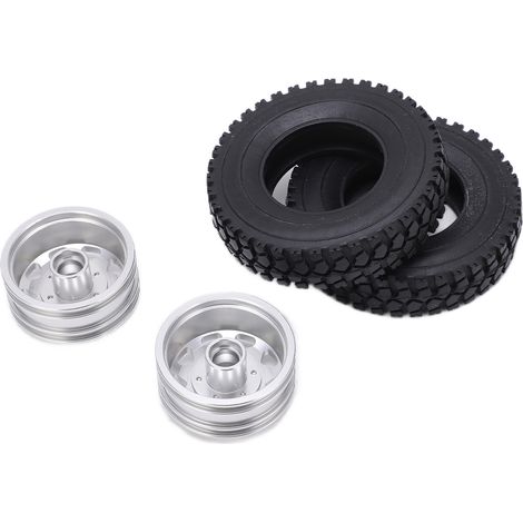2 pièces moyeu de roue avant métal avec pneus caoutchouc pour Tamiya 1/14 remorque tracteur camion argent (1/5)