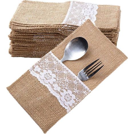 Juego de 40 piezas de bolsas de yute para cubiertos, soporte para cubiertos, decoración vintage de mesas de boda y banquetes en arpillera y encaje. (1/5)