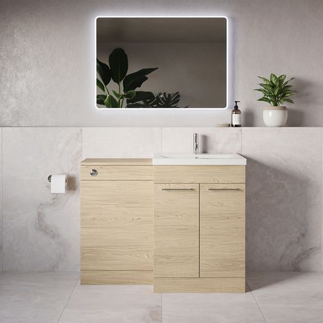 Napoli 390 Light Oak 1100mm 2 Door Vanity Unit Toilet Suite with Glide Basin - 1100mm - Chrome 160mm HandleWithout Kingston Toilet Pan