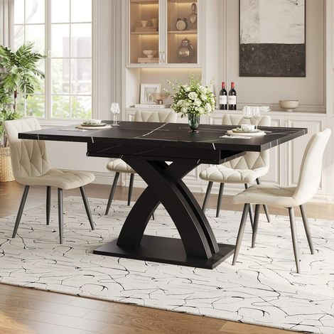 Table à manger extensible noire 120-160x80 cm, plateau MDF, table de cuisine 6 personnes avec pieds métal en X (1/5)