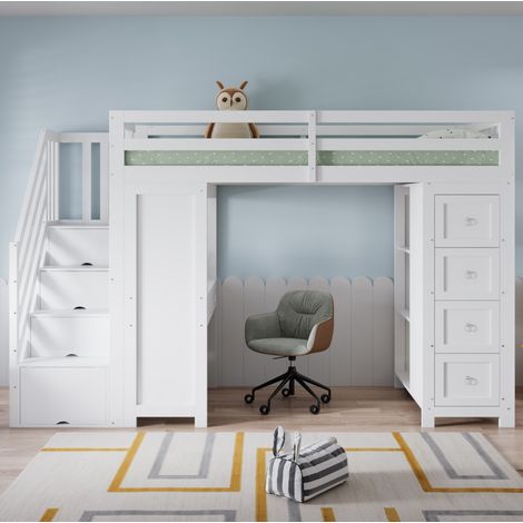 Cama alta infantil moderna 90x200 cm, madera maciza y MDF blanco, con escritorio, 6 cajones y estanterías (1/5)