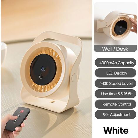 Ventilateur mural rechargeable (blanc) 4000 mAh, ventilateur de bureau portable avec télécommande, adapté à une utilisation en extérieur (1/5)