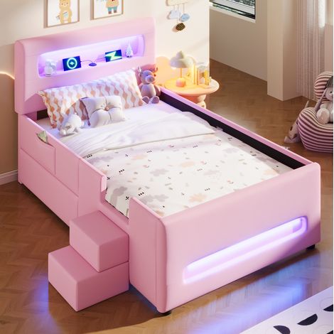 MEUBLIV Lit 90x200 cm rose – avec LED, tiroirs, escalier et rangement, sans matelas (1/5)
