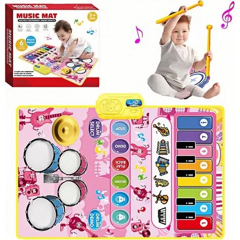 Tapis Musical Éducatif - Piano À Clavier Et Tambour Pour Enfants De 1 À 3 Ans - Tapis De Jeu Sonore Avec 13 Touches Et 2 Baguettes - 1 Pièce (1/5)