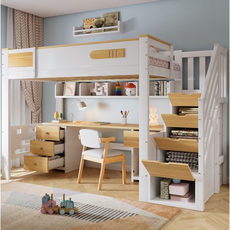 Hochbett 90x200 cm Weiß Naturholz aus Massivholz und MDF mit Schreibtisch, Schubladen und Stauraumtreppe (1/5)