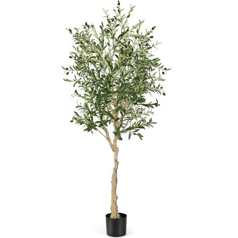 Costway – Plante verte artificielle olivier 185 cm – 1296 feuilles en soie – 72 fruits – Pot en ciment décoratif pour intérieur et extérieur (1/5)
