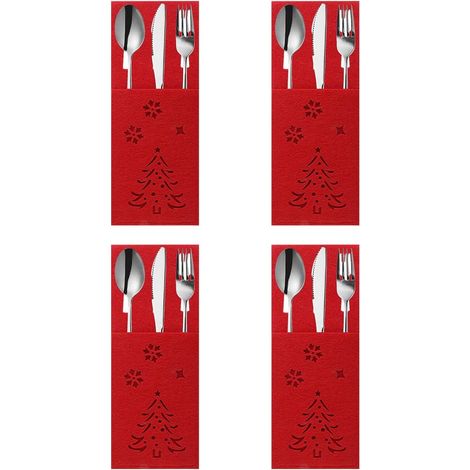 Sac à Couverts de Noël - 12 Pièces - Motif Arbre de Noël et Père Noël - Pour Décoration de Table et Rangement - Lot Complet (1/5)