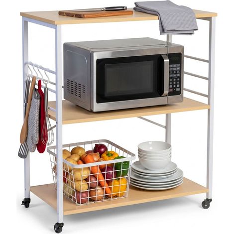 Relaxdays Kitchen Trolley, 3 shelves, 6 S-hooks, HxWxD: 89 x 80 x 40 cm, MDF/steel, serving trolley, natural/white