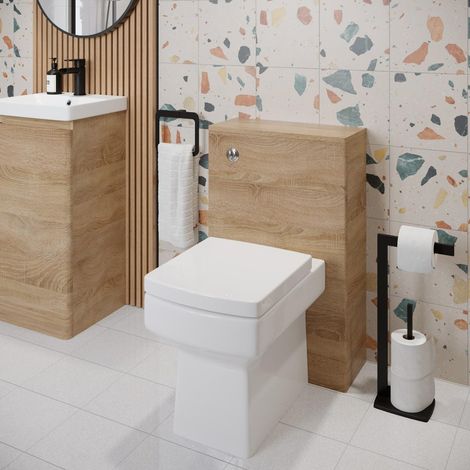 Bathroom Toilet WC Concealed Cistern Unit Pan Soft Close Seat Wood Effect 500mm