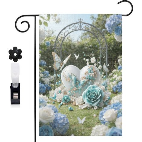 Drapeau de jardin cœur blanc et roses turquoise 30 x 45 cm décoration extérieure jardin (1/5)