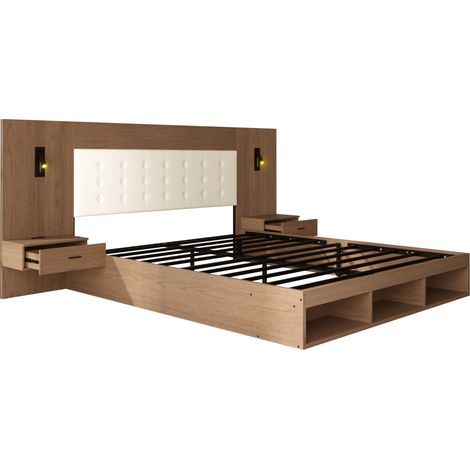 Cama doble 180x200 cm con almacenamiento, MDF color nogal, LED, USB y Type-C (1/5)