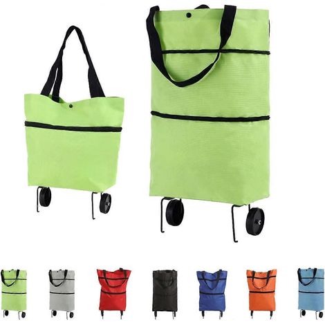 Chariot de courses pliable 2 en 1 à roulettes sac fourre-tout portable en tissu Oxford pour marché lessive et voyages - vert (1/5)