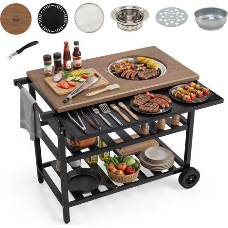 COSTWAY Desserte Extérieure à roulettes à 3 Étagères, Chariot de Barbecue avec Four Coréen Plan de Travail Étagères Ouvertes Tablette Latérale Rabattable, Desserte Jardin pour Fête Camping (1/5)