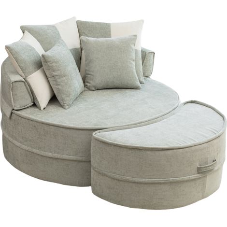 Fauteuil lounge rond sans montage avec ottomane, 5 coussins et assise moelleuse en tissu doux vert menthe pour salon et chambre, idéal lecture et sieste - CHICFURN (1/5)