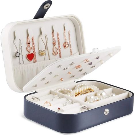 Coffret à bijoux voyage simili cuir, boîte de rangement portable pour bagues, boucles d'oreilles et colliers, 16 x 11 x 5 cm (Bleu) (1/4)