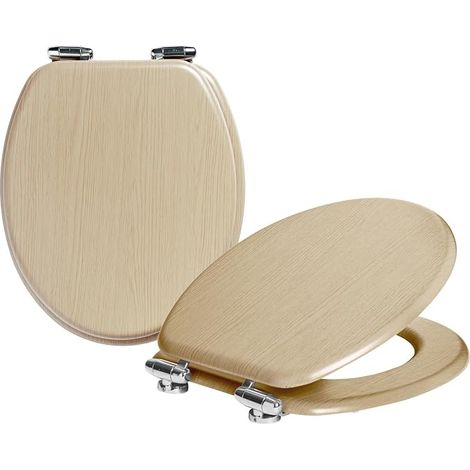 Lot de 2 lunettes de WC ovales en bois – Chêne clair – Fermeture amortie – Antibactérien – Charnières universelles – Fixations incluses – 43 x 37 x 5,5 cm (1/4)