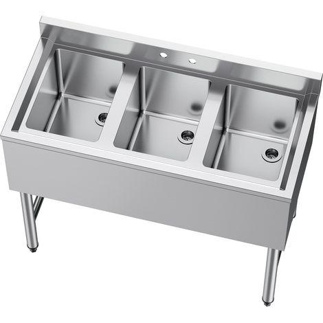 Mophorn Fregadero independiente de 3 compartimentos de 978 x 470 x 838 mm, fabricado en acero inoxidable 304, diseñado con protector antisalpicaduras, ideal para restaurantes, exteriores y hogares (1/5)