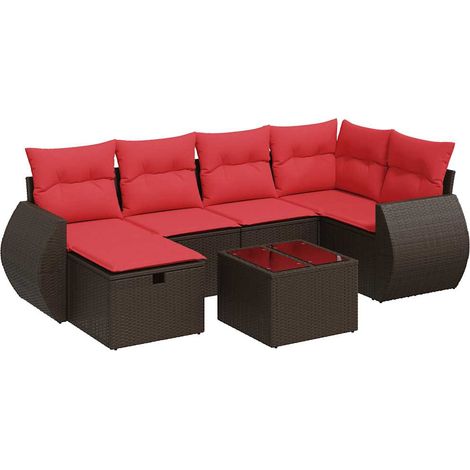 Salon de jardin avec coussins 7 pcs Mobilier de jardin marron résine tressée (1/5)