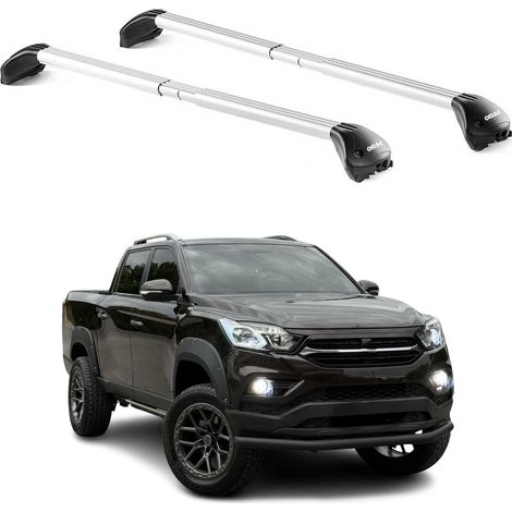 OMAC Barres de toit transversales certifiées TÜV pour Ssangyong Musso Grand 2018-2026 – Verrouillables (4 antivols) – Charge max 100 kg – Sangle inox + protection caoutchouc Argent (1/4)