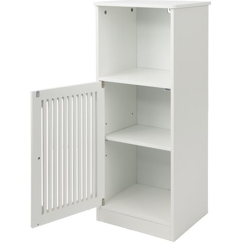 Meuble de salle de bain sur pied blanc avec portes à lamelles, rangement étagé en MDF et panneau de particules, compact pour petits espaces - CHICFURN (1/5)