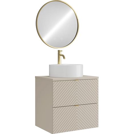 Meuble de salle de bain suspendu avec vasque à poser ronde, robinet et miroir - Beige - 60 cm - DORIONI (1/5)