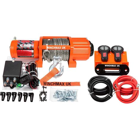 5,000lb (2,268kg) Original Orange 12v Winch. 15.5m x 5mm Dyneema Rope, 1/4 Inch Clevis Hook, Twin Remote Controls.