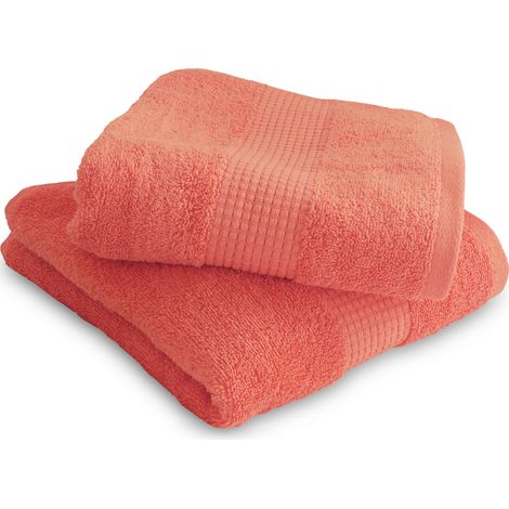 Lot de 2 Serviettes de Toilette 50 x 90 cm - 100% Coton - 450 gr/m2 - Corail (1/3)