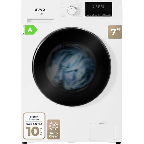 EVVO Lavadora 7 kg carga frontal Terra N7, 1400 rpm, Clase energética A, Motor eDRIVE inverter, 16 programas, Lavado Rápido 15', Inicio diferido, Blanco