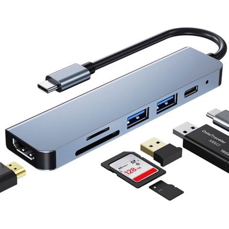 Hub USB C, Adaptateur USB C multiport pour MacBook Pro, Hub USB C à HDMI 6-en-1, Compatible avec Les Ordinateurs Portables USB C, etc. (4K HDMI USB3.0 USB2.0 SD/TF Card Reader 87W PD) (1/5)