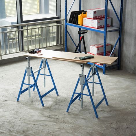 Tréteau de chantier pliant et réglable, lot de 2, acier bleu, charge 200 kg, hauteur 80 à 130 cm, pour travaux et rénovation à la maison - CHICFURN (1/5)