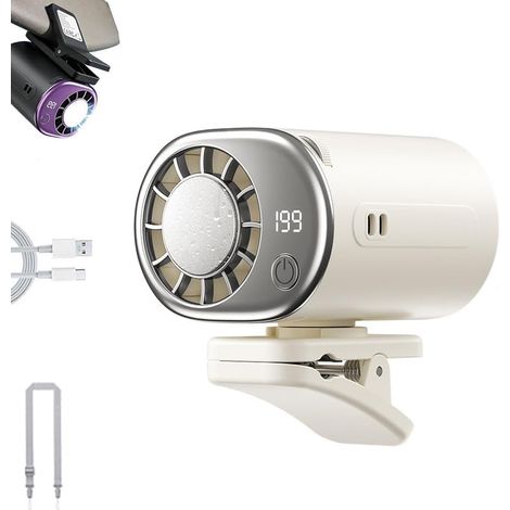 Ventilateur de Voiture à Clipser avec Écran LED – 360° Rotatif, 199 Vitesses, 2000mAh Batterie Rechargeable – Portable pour Tableau de Bord, Bureau, Voyage (blanc) (1/5)
