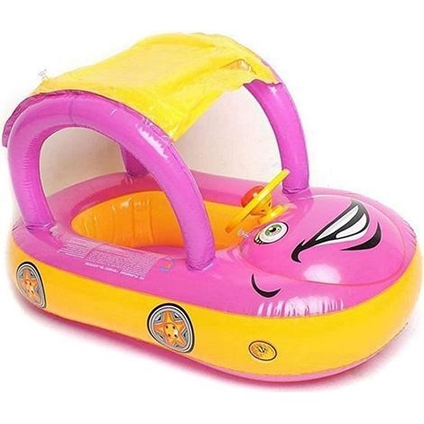 (Blau) Babybecken mit Sonnendach, aufblasbares Boot mit UV-Schutz 50+, aufblasbarer Babyschwimmer in Autoform mit Sitzen (1/4)
