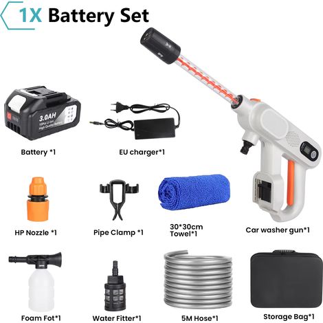 Pistolet lavage électrique – 80 bars – 3 vitesses – Makita 21V – Blanc – Livré avec 1 batterie – Usage maison/jardin (1/5)