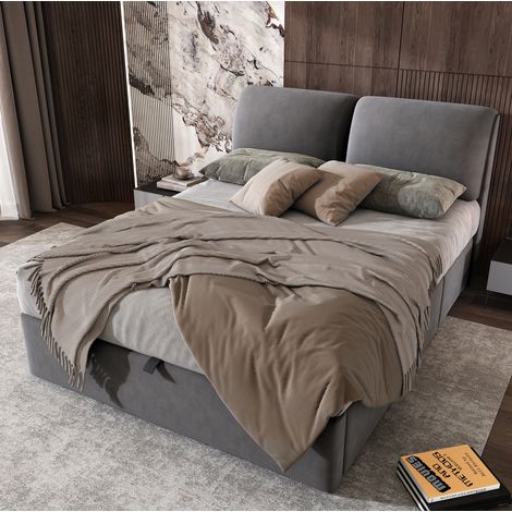 Letto contenitore 140x190 con rete idraulica, 3 cassetti, testiera regolabile, velluto grigio (1/5)
