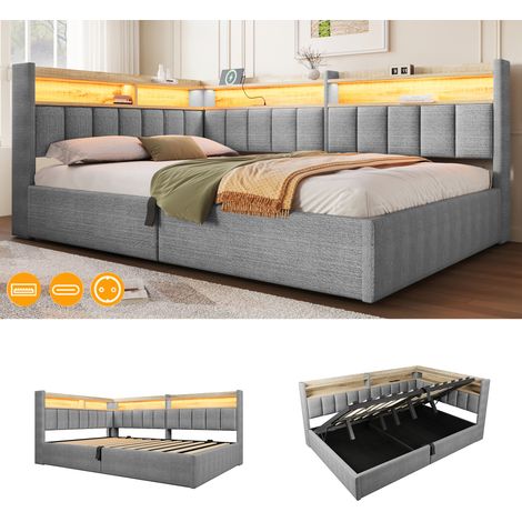 Lit banquette 140 x 200 cm, rangement hydraulique, grand rangement, éclairage LED, ports USB et Type-C, meuble gain de place, velours, gris (1/5)