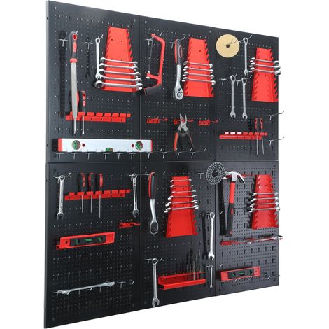 Relaxdays Werkzeugwand, 6 Lochwände, 58-tlg. Zubehör, HxB: 60 x 40 cm, Metall, Werkzeuglochwand, Werkstatt, schwarz/rot
