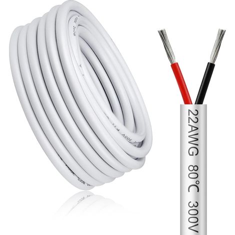 Câble électrique 50 mètres 22 AWG 2x0,3mm² à 2 conducteurs, blanc fil de cuivre étamé flexible, impédance faible, compatible alimentation LED 5V / 12V / 24V, résistance aux hautes températures (1/5)