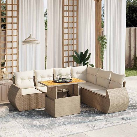 Canapé de jardin 7 pièces en résine tressée beige avec coussins déhoussables – Table réglable 100x55 cm (1/3)