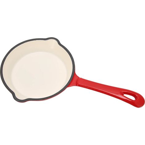 Poêle à frire en fonte émaillée rouge 16 cm, antiadhésive, poêle plate épaisse avec manche long, revêtement émaillé, idéale pour cuisson. (1/5)