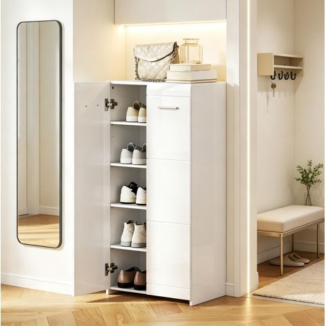 Meuble à chaussures blanc brillant pour 10 paires jusqu'à la pointure 45, avec portes fermées et 2 étagères réglables, rangement pratique pour entrée, chambre ou bureau – CHICFURN (1/5)