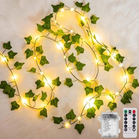 Guirlande Lumineuse 10M 100LED Lierre Artificiel Alimenté par Pile avec Télécommande/8 Modes Étanche Guirlande Feuille, Chambre Murale Balcon Table Lit Ramadan Intérieur Extérieur Décoration
