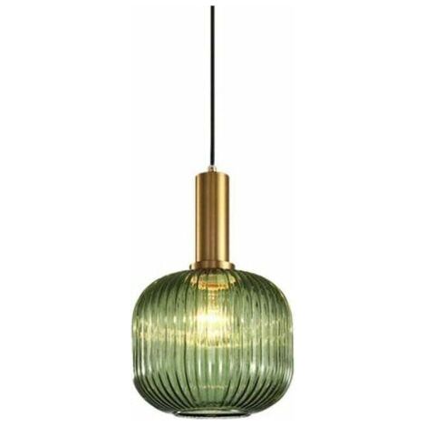 Suspension vintage industrielle en verre rayé – Abat-jour 30 cm – Support en laiton poli – Hauteur 18 cm – Compatible ampoules E27