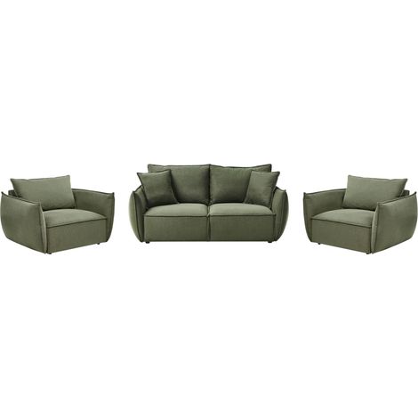 Living Room Set Green Fabric Upholstery Low Profile Deep Wide Seat Cushioned Backrest Modern Cosy KUNES