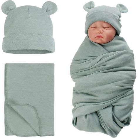 Coton Couverture d'emmaillotage avec Bébé Chapeau de Nouveau Né Mignon Ours Naissance Couverture et Bonnet (1/5)