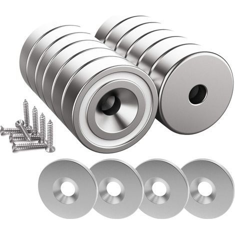 12 aimants néodyme de force 10 kg, 20 x 7 mm, avec trou et capsule, aimant encastré avec vis et 12 plaques d'acier (argent brut) (1/5)