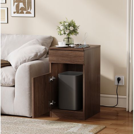 Mesita de noche 33x40x61.5 cm, con estación de carga USB A USB C y enchufe, 1 cajón, MDF marrón (1/5)