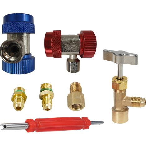 Kit d'adaptateurs R134A pour climatisation avec raccords pour réservoirs R134A à perçage, comprenant un adaptateur pour réservoir de gaz et un extracteur de cartouche de soupape (1/5)