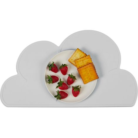 Relaxdays Children's Placemat, Cloud-shaped, Non-slip, Washable, Silicone Table Mat Baby, WxD: 47 x 26.5 cm, Light Grey (1/5)