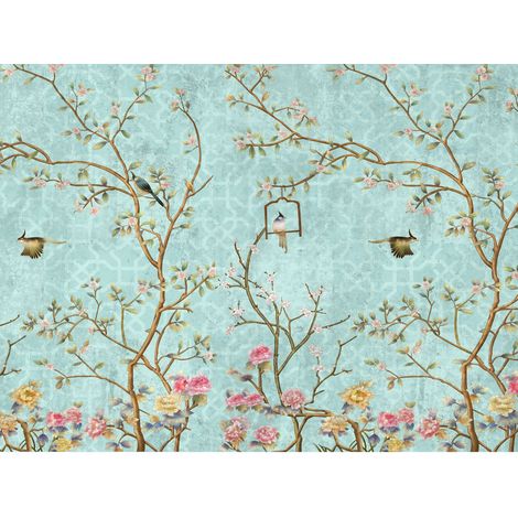 papier peint panoramique fleurs et oiseaux bleu, rose et jaune - Sanders & Sanders (1/4)