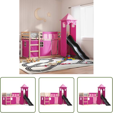 The Living Store Etagenbett mit Rutsche und Gardinen Rosa 80x200 cm - Kinderhochbett - Holzbett - Etagenbett - Jugendzimmermöbel - Hochbettesystem (1/5)